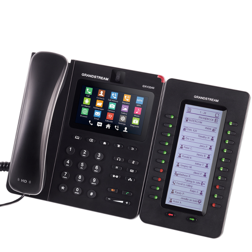Grandstream GXV3240 IP Phone with rotatable Camera for Video-Meetings plus additional Grandstream GXP2200Ext dynamic Expansion Module for GXP3240/GXP2140 IP phones